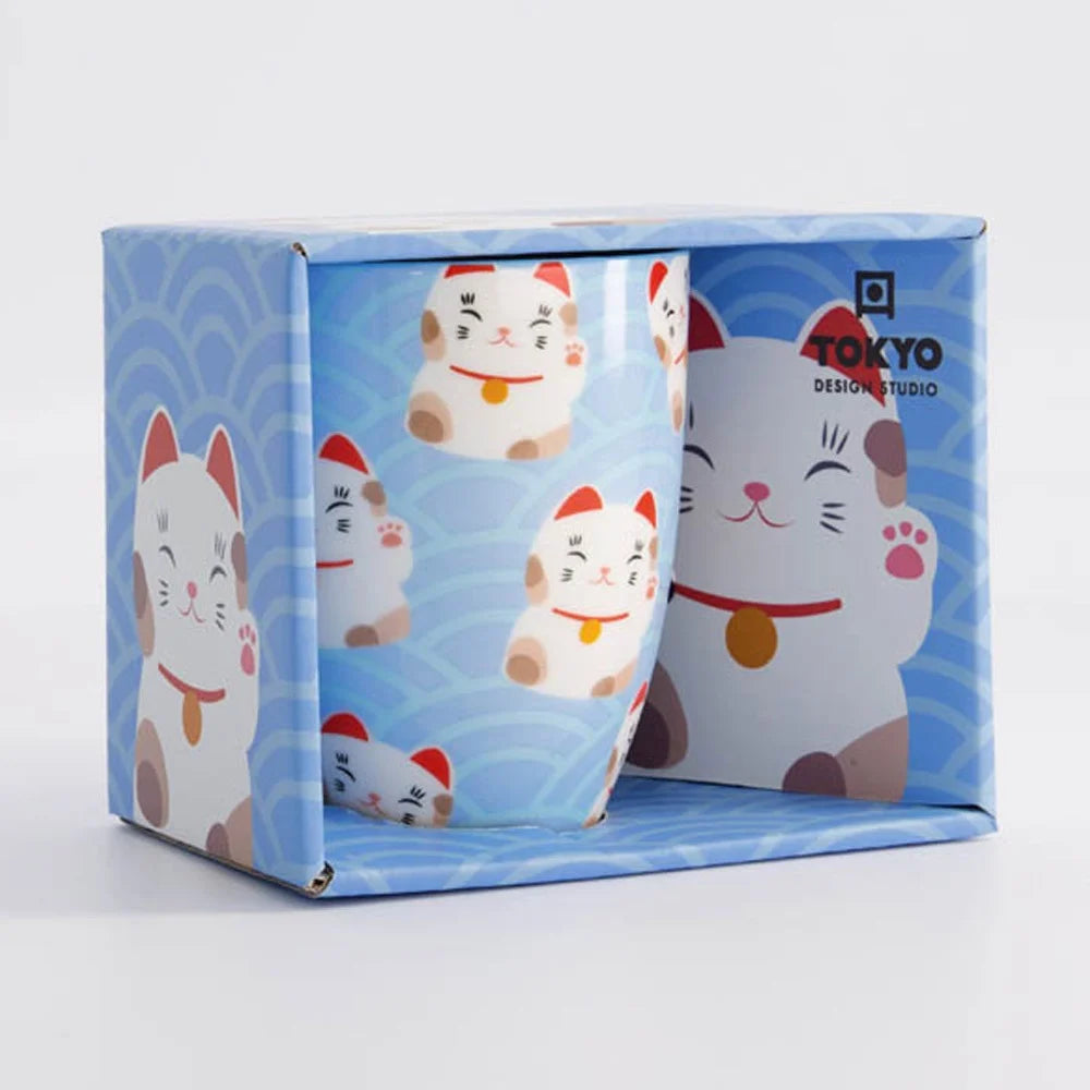 卡哇伊招财猫马克杯带礼盒 白色/蓝波猫 8.5x10.2 厘米 380 毫升
