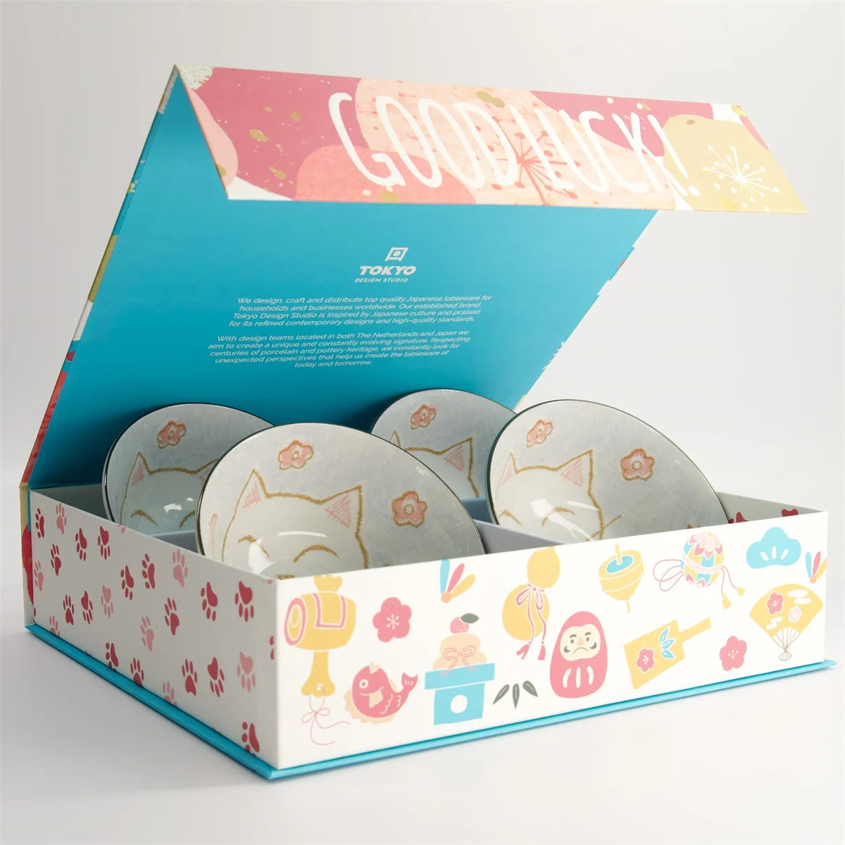 碗 混合碗 卡哇伊猫礼品套装 4 件 15x7 厘米 500 毫升 浅蓝色 Luckycat