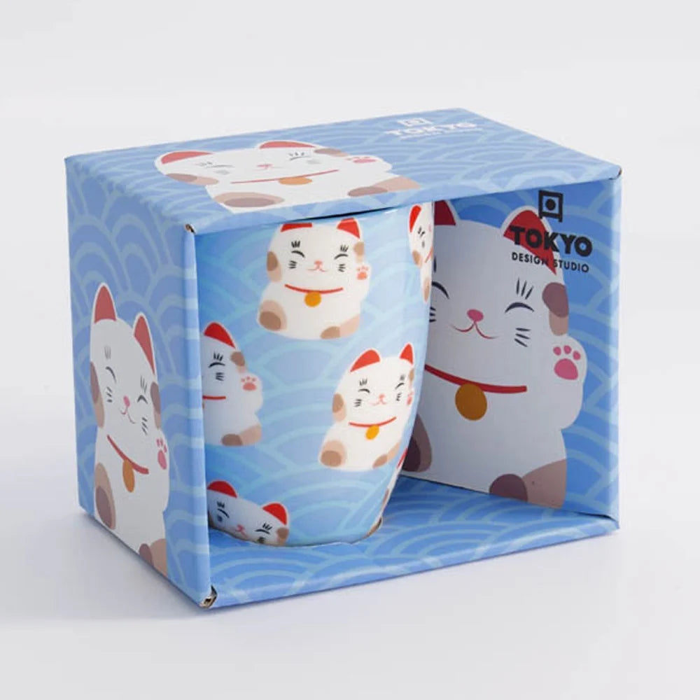 Kawaii Lucky Cat Mug W/Giftbox Wh/Bleu vague Cat 8.5x10.2cm 380ml