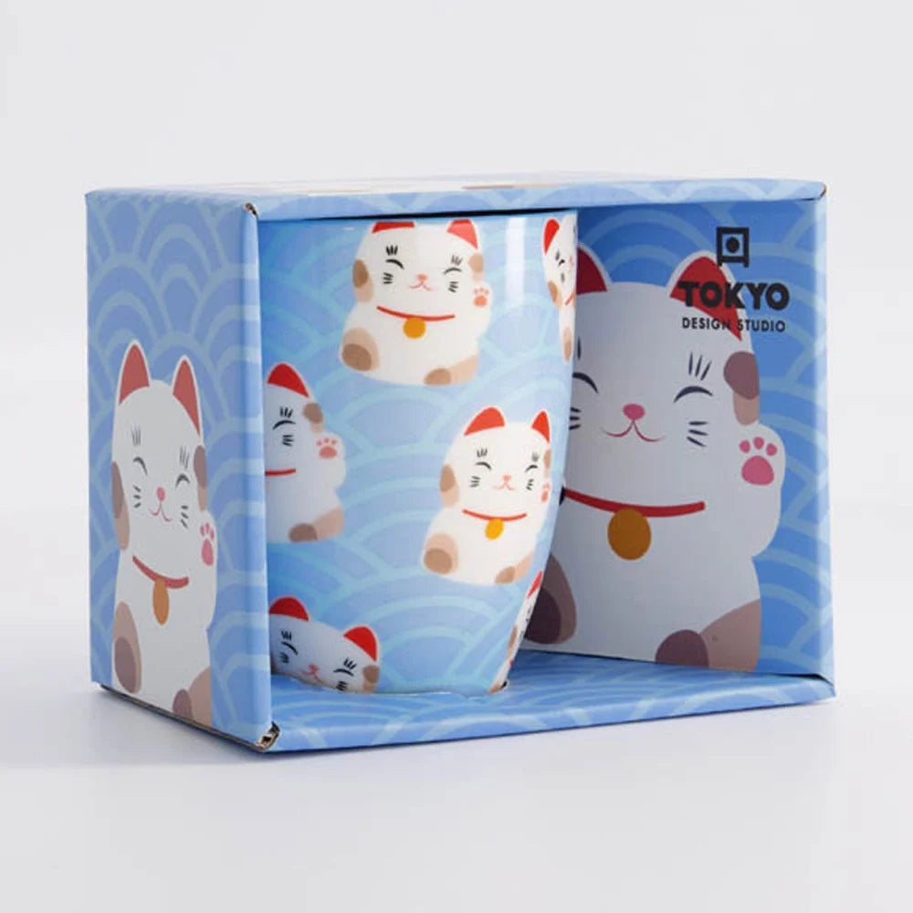 Kawaii Lucky Cat Mug W/Giftbox Wh/Bleu vague Cat 8.5x10.2cm 380ml