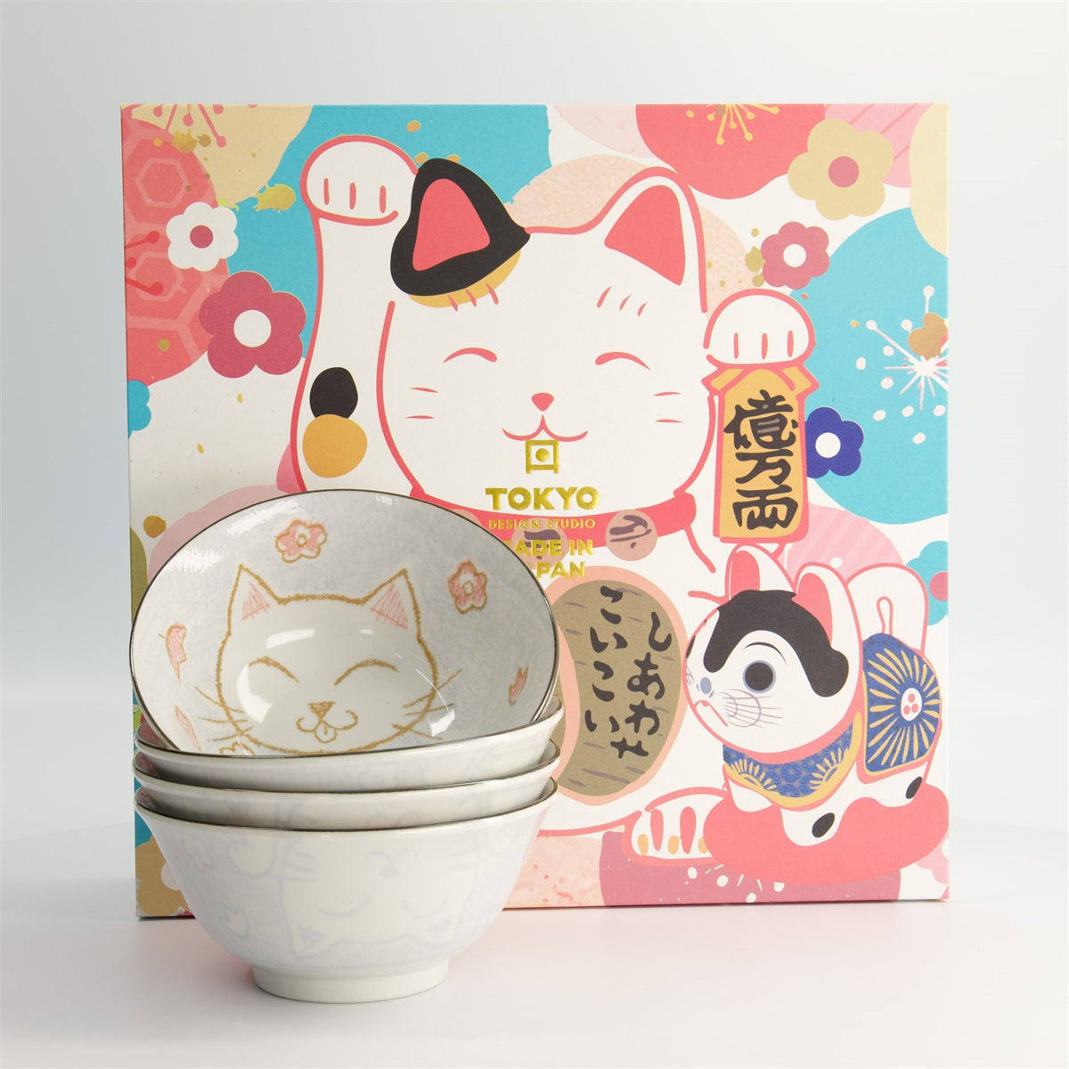 bol Mixed Bowls Kawaii chat Giftset 4pcs 15x7cm 500ml Bleu claire Luckycat