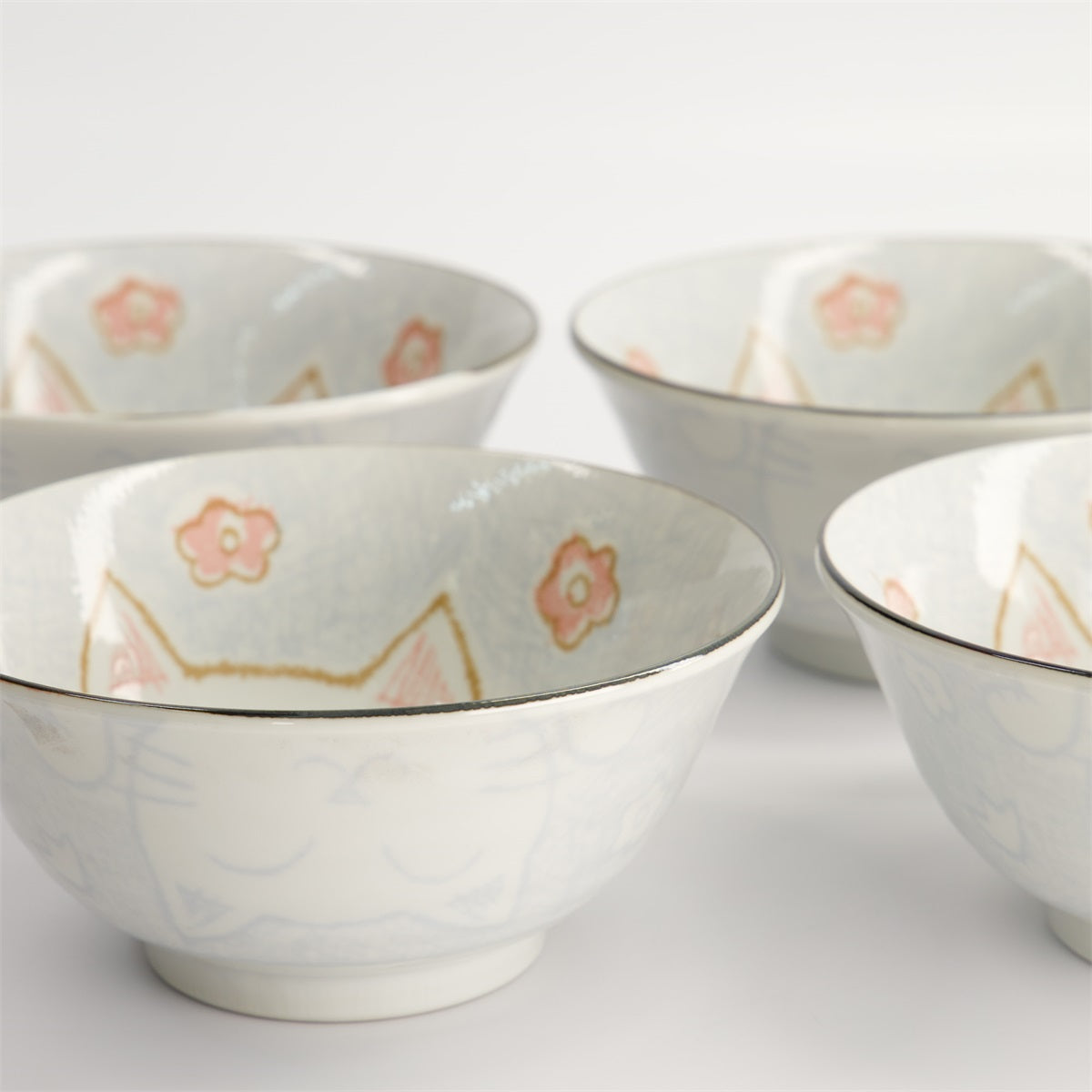 bol Mixed Bowls Kawaii chat Giftset 4pcs 15x7cm 500ml Bleu claire Luckycat