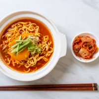 Haut vue ramens. traditionnel coréen ramen soupe avec Kimchi