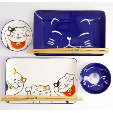 Kawaii Lucky Cat Sushi Plate Giftset Set4 w/Chop